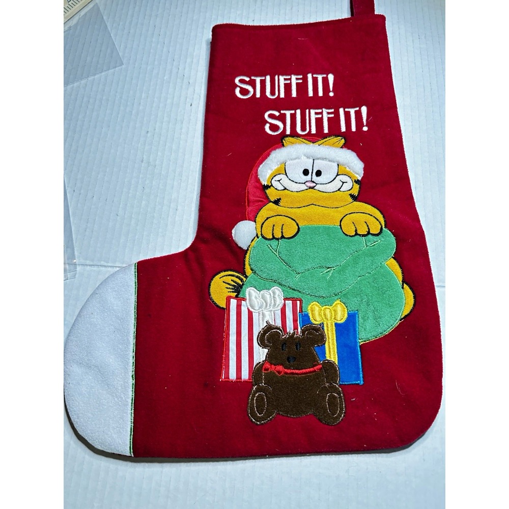 Garfield Christmas Stocking "Stuff It! Stuff It!" Red 16in Fabric Hanging Loop
